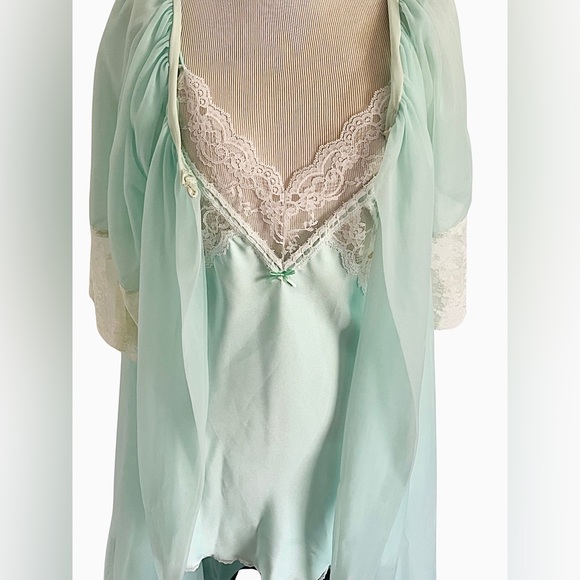 Vintage La Notte Green Chiffon Peignoir Lingerie Slip Dress Robe Set Lace Small - Picture 11 of 15